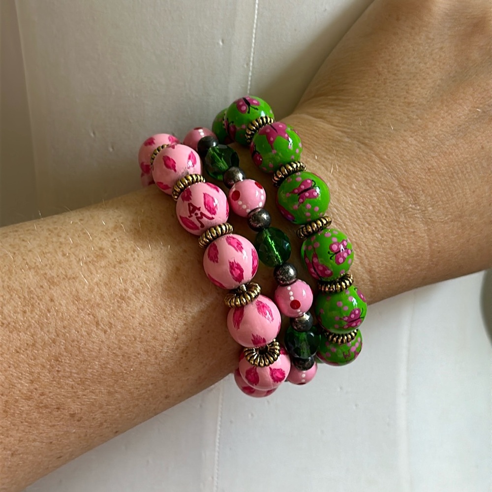 Lot of 3 Angela Moore Breacelets - Pink Green Butterflies Glass Beads Preppy